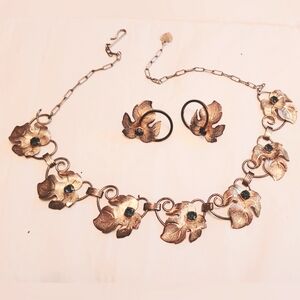 Antique gold tone leaf & blue rhinestone necklace and screw back earrings